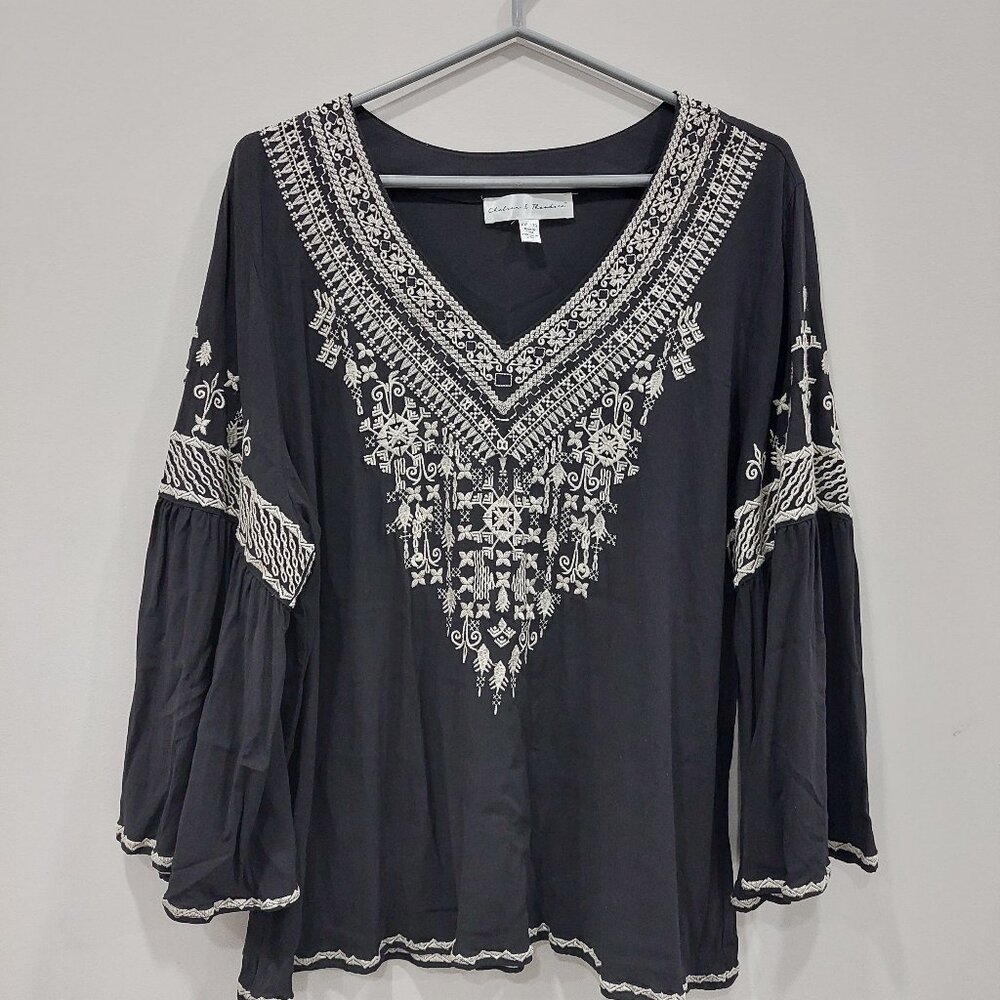 Chelsea & Theodore Black V-Neck Embroidered Boho Blouse